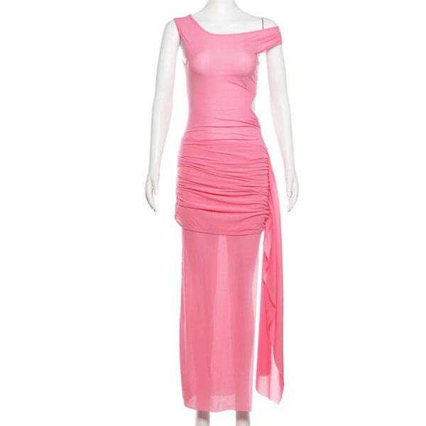 Slinky Jersey Asymmetric Ruched Hardware Detail Bodycon Maxi Dress in Pink