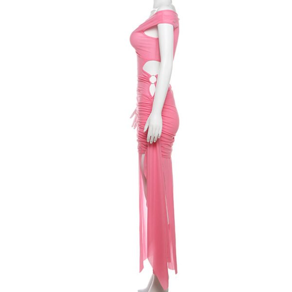 Slinky Jersey Asymmetric Ruched Hardware Detail Bodycon Maxi Dress in Pink