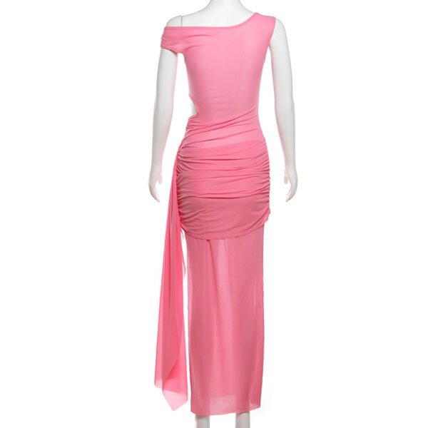 Slinky Jersey Asymmetric Ruched Hardware Detail Bodycon Maxi Dress in Pink