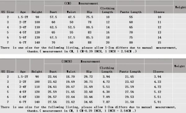 Size table